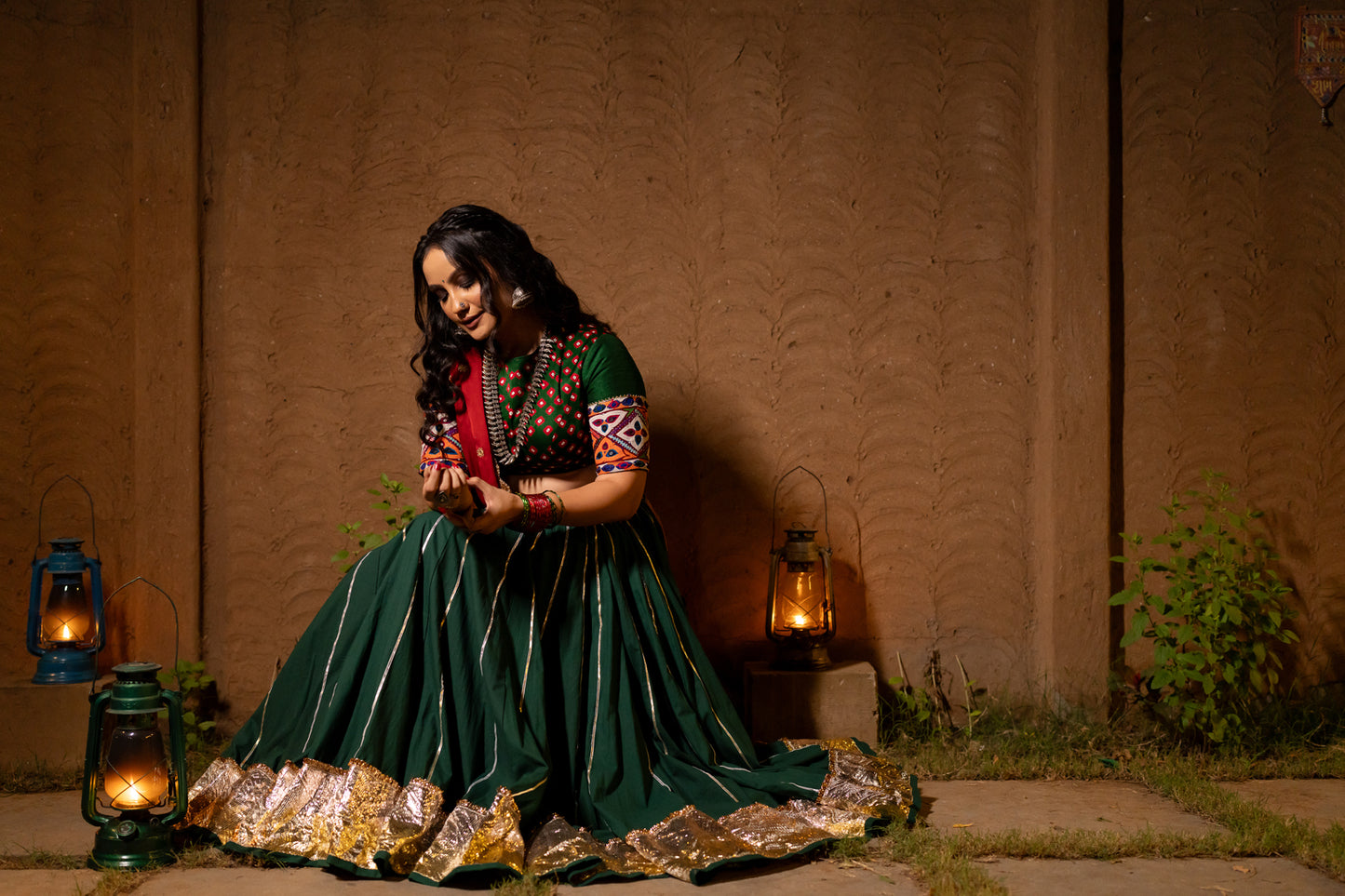 Bottle Green Lehenga Set with bandhani blouse Navratri set chaniya choli