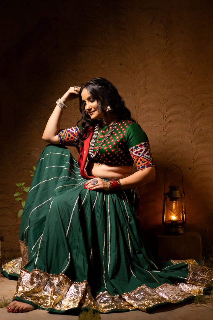 Bottle Green Lehenga Set with bandhani blouse Navratri set chaniya choli