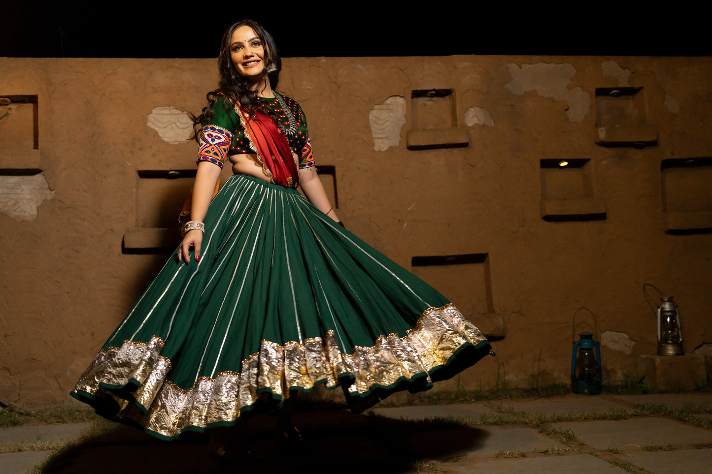 Bottle Green Lehenga Set with bandhani blouse Navratri set chaniya choli