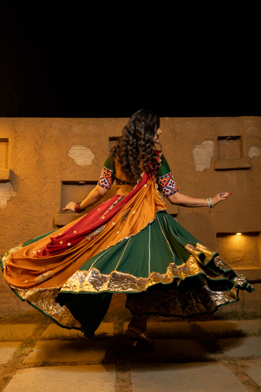 Bottle Green Lehenga Set with bandhani blouse Navratri set chaniya choli