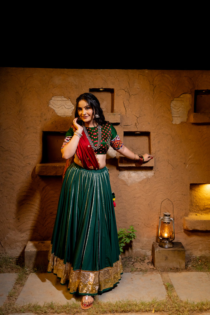 Bottle Green Lehenga Set with bandhani blouse Navratri set chaniya choli