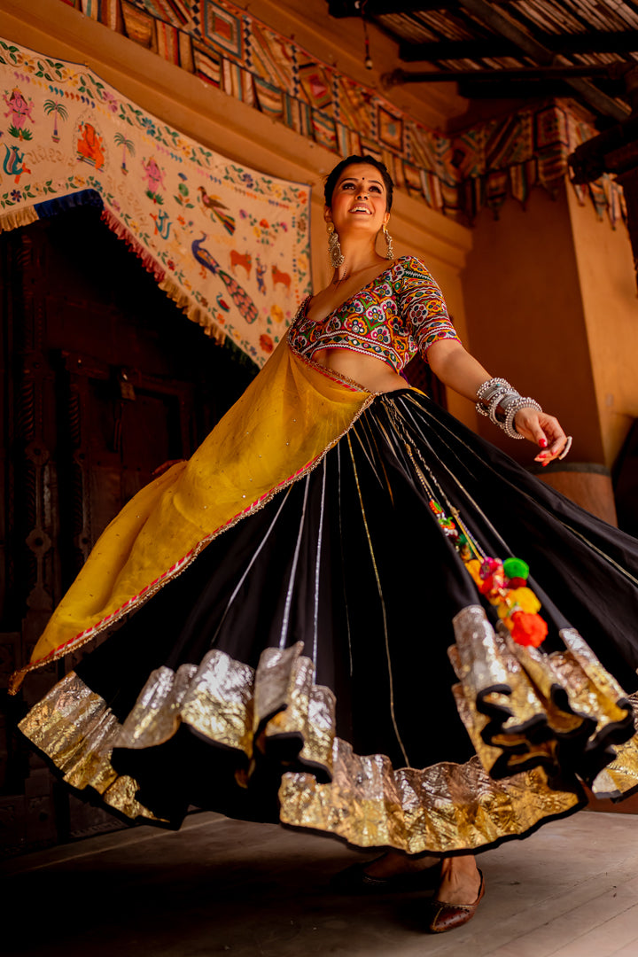 Black Cotton Lehenga Set - Anjanase
