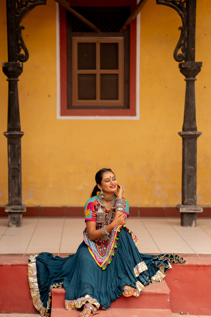 Navratri Dark Teal Flared Skirt - Anjanase