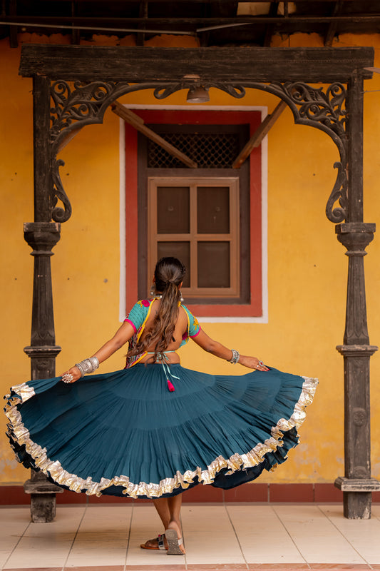 Navratri Dark Teal Flared Skirt - Anjanase