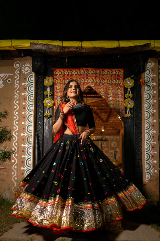Black Multicolour Mirror Lehenga Set - Anjanase