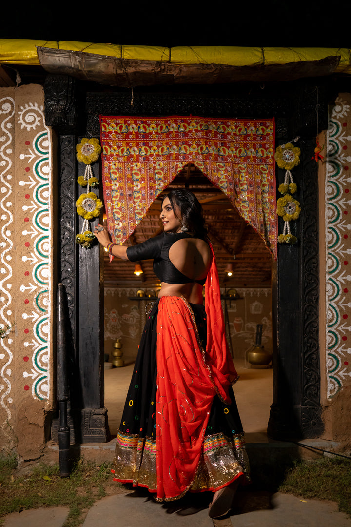 Black Multicolour Mirror Lehenga Set - Anjanase