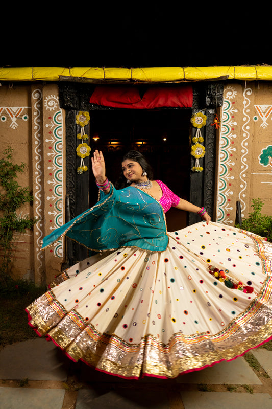 White Multicolour Mirror Lehenga Set - Anjanase