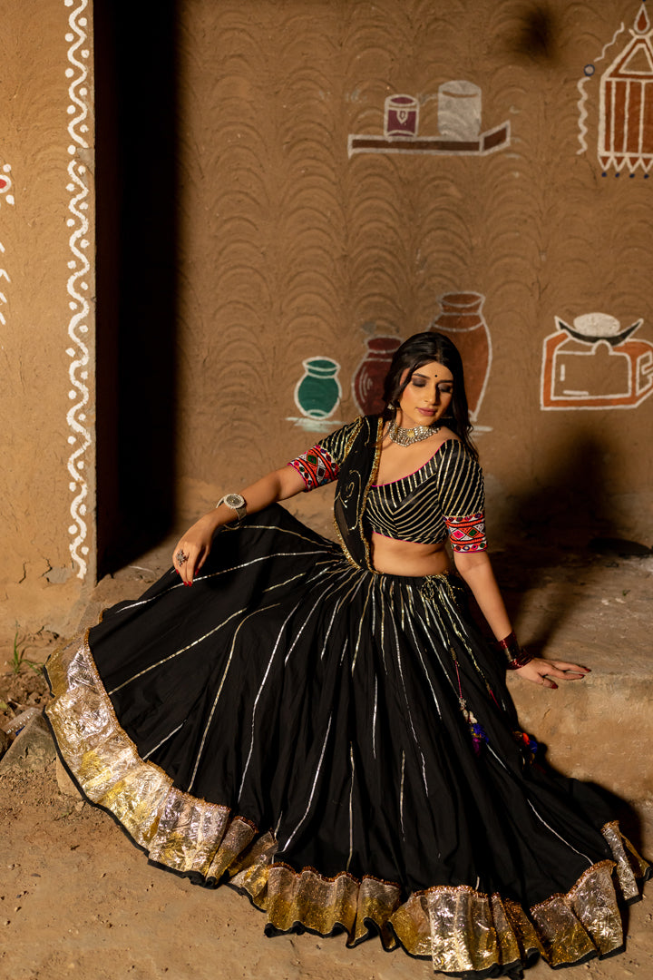 Black Cotton Lehenga Set - Anjanase