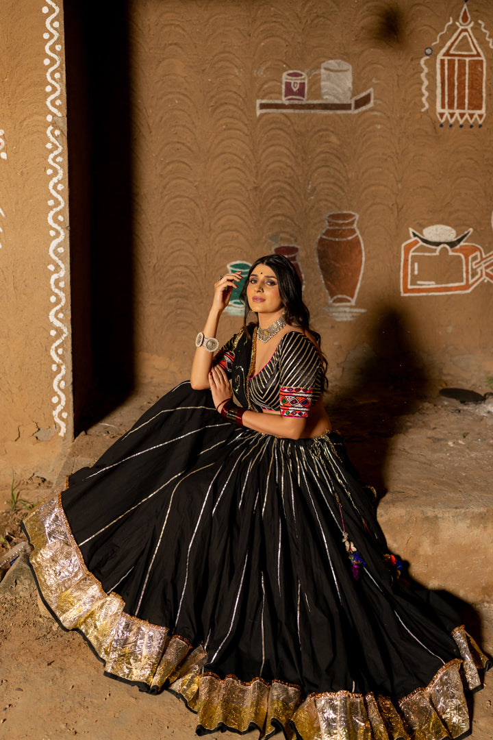 Black Cotton Lehenga Set - Anjanase