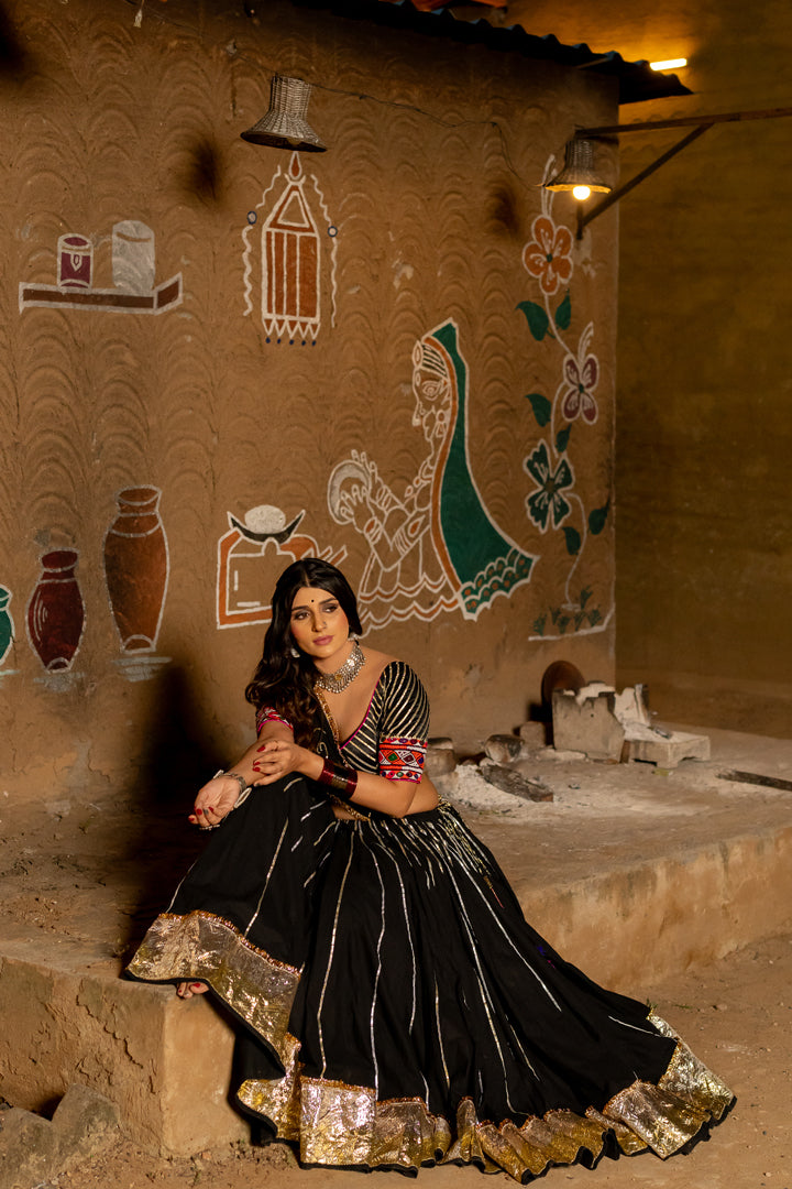 Black Cotton Lehenga Set - Anjanase