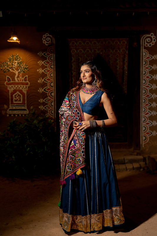 Blue Heavy Patch Lehenga Set - Anjanase