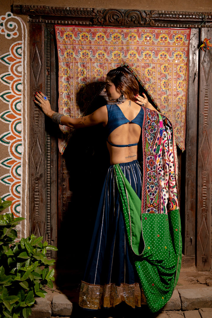 Blue Heavy Patch Lehenga Set - Anjanase