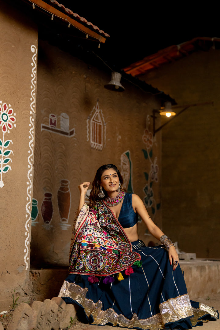 Blue Heavy Patch Lehenga Set - Anjanase