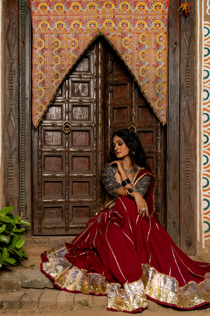 Maroon Cotton Lehenga Set - Anjanase