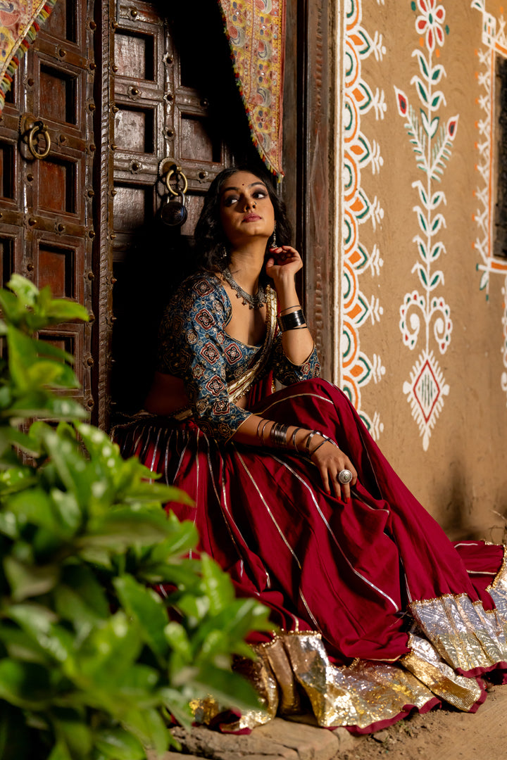 Maroon Cotton Lehenga Set - Anjanase