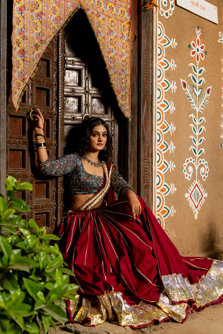 Maroon Cotton Lehenga Set - Anjanase