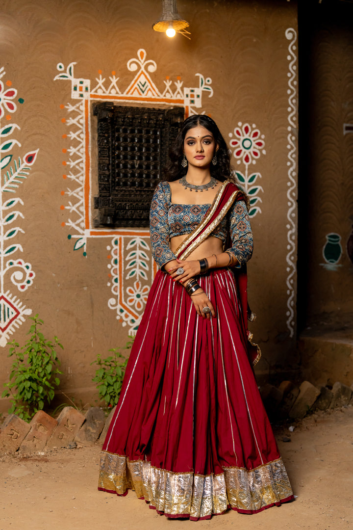 Maroon Cotton Lehenga Set - Anjanase
