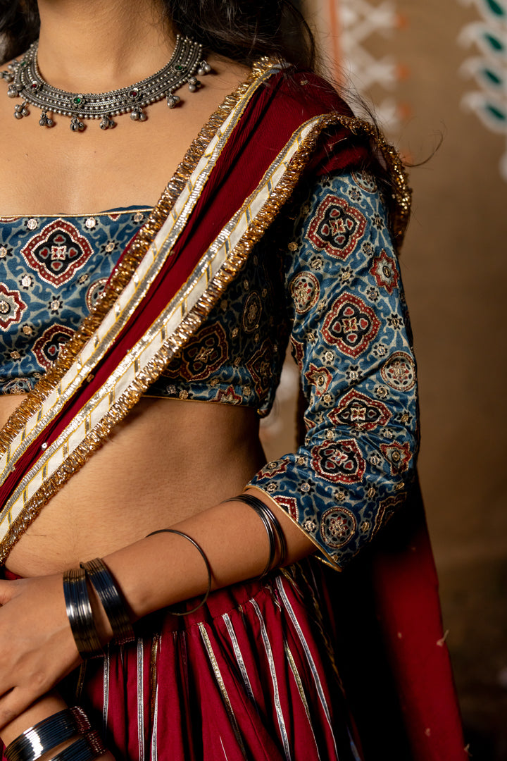 Maroon Cotton Lehenga Set - Anjanase