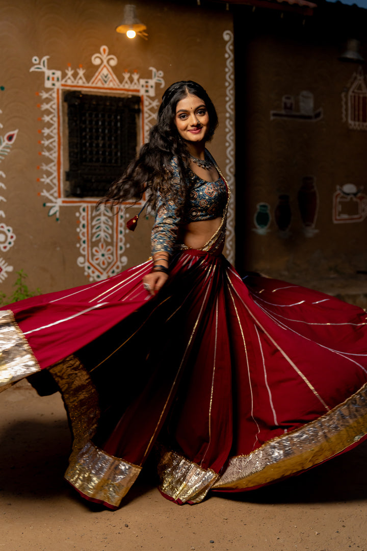 Maroon Cotton Lehenga Set - Anjanase