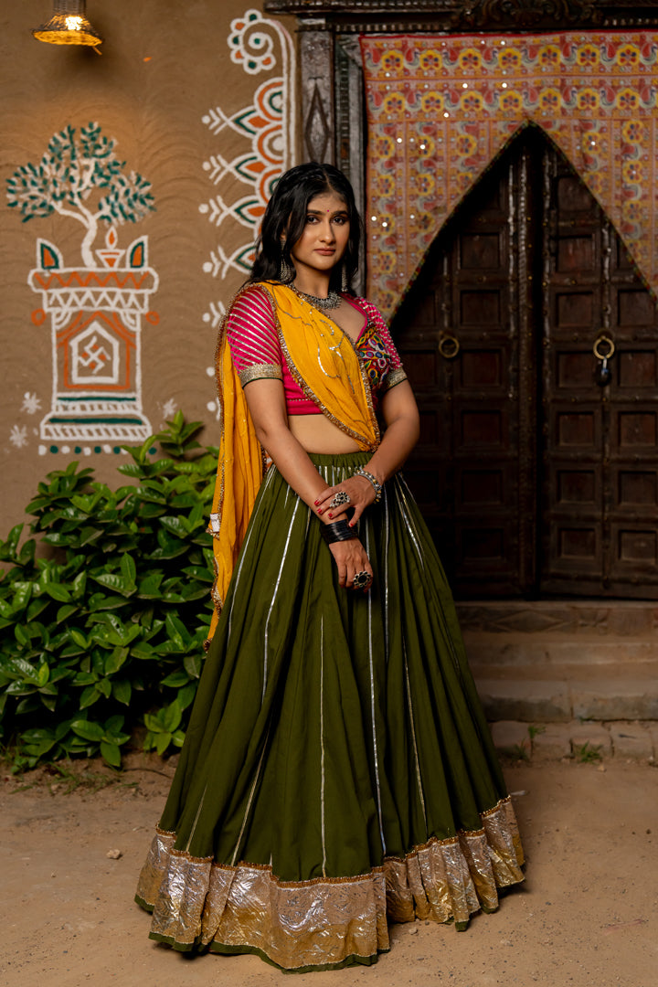 Green Cotton Lehenga Set - Anjanase