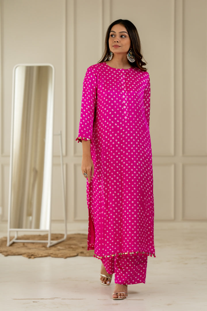 Hot Pink Bandhani Coord Set - Anjanase