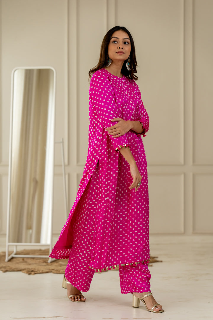 Hot Pink Bandhani Coord Set - Anjanase