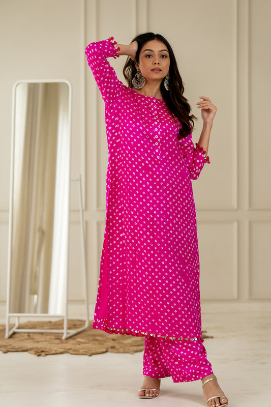 Hot Pink Bandhani Coord Set - Anjanase