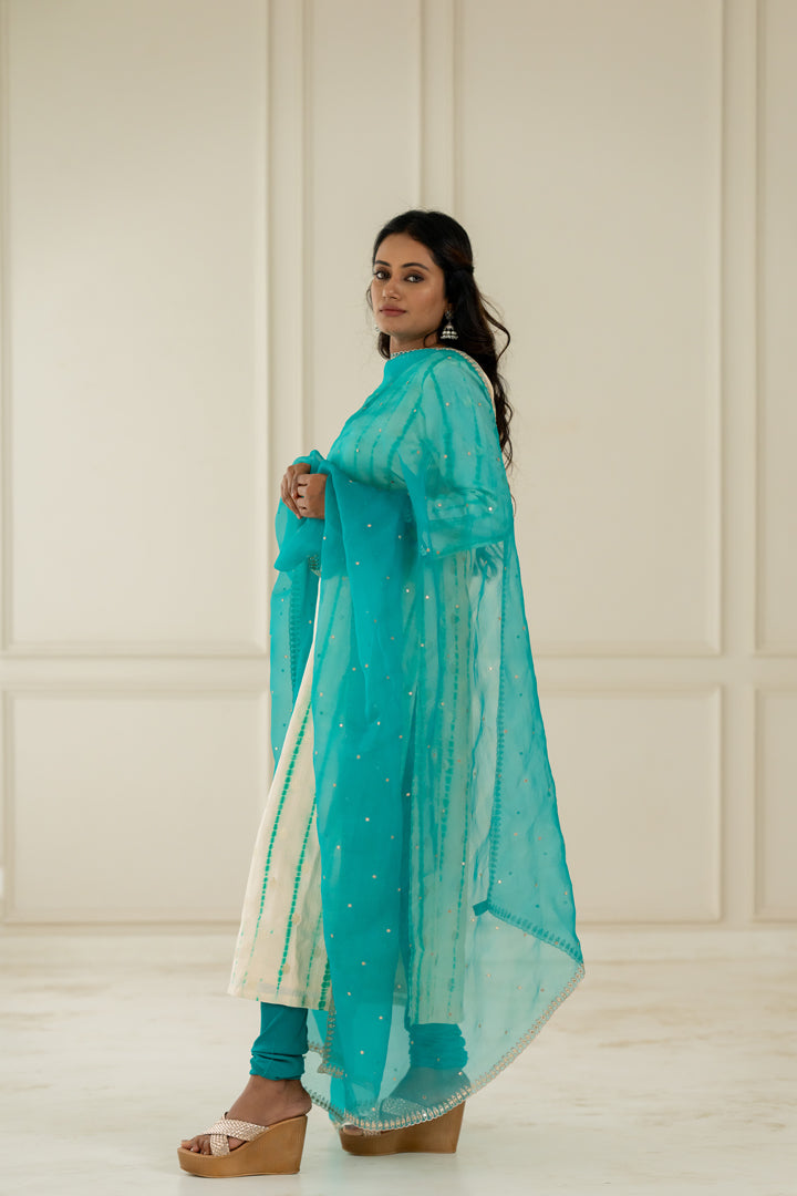 Aqua Blue Organza Dupatta - Anjanase