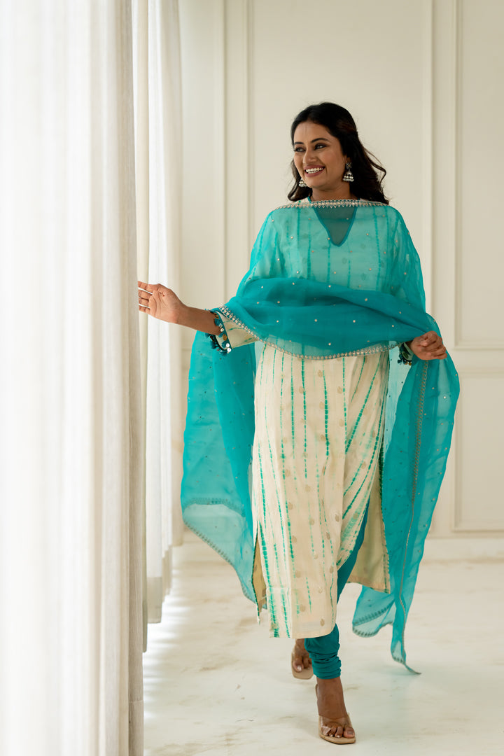Aqua Blue Organza Dupatta - Anjanase
