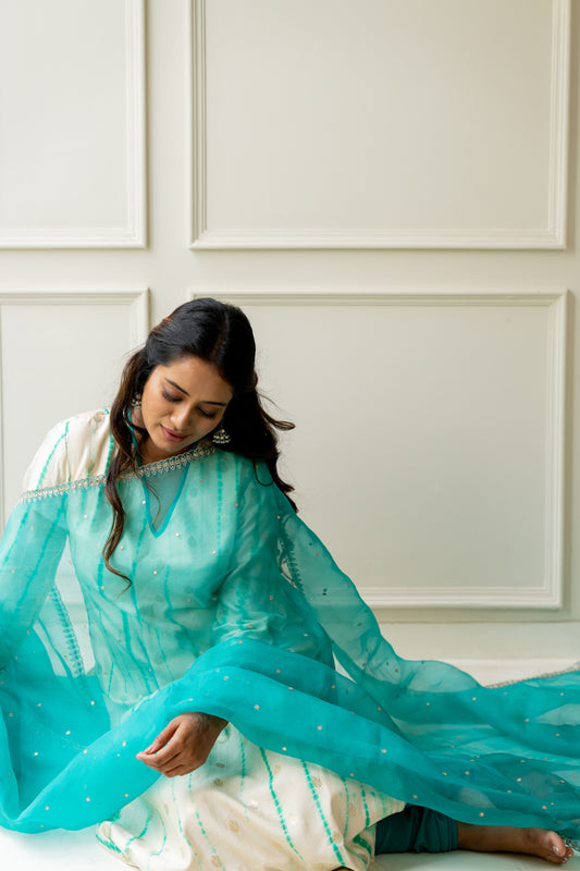 Aqua Blue Organza Dupatta - Anjanase