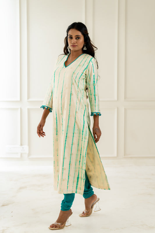 White & Aqua Leheriya Kurta - Anjanase