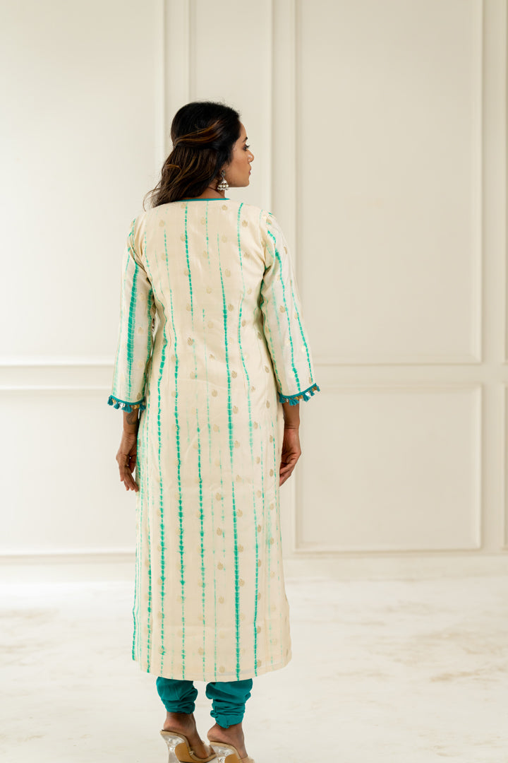 White & Aqua Leheriya Kurta - Anjanase