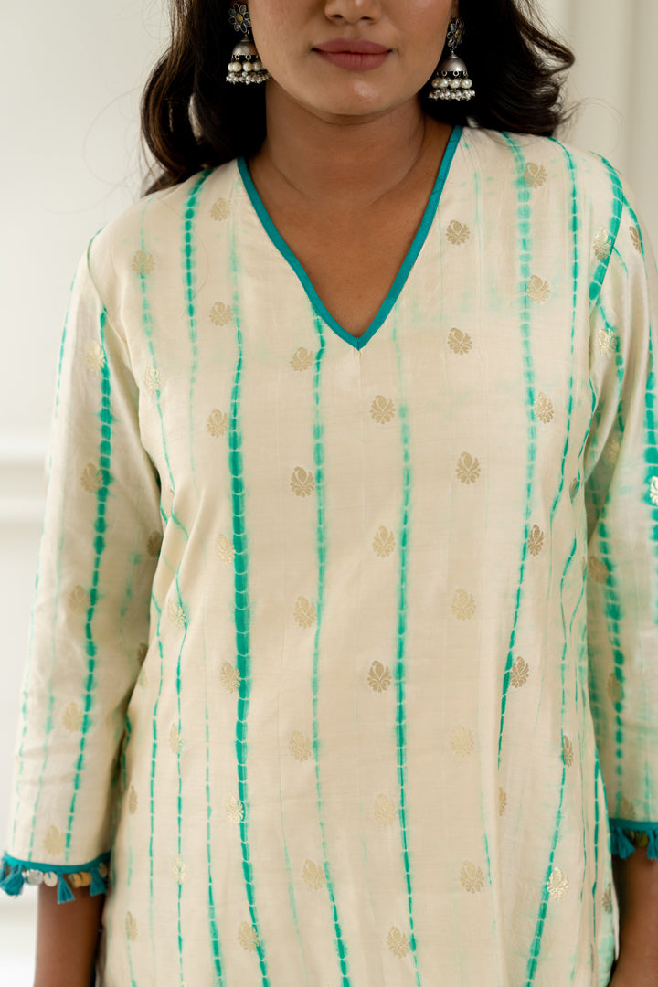 White & Aqua Leheriya Kurta - Anjanase
