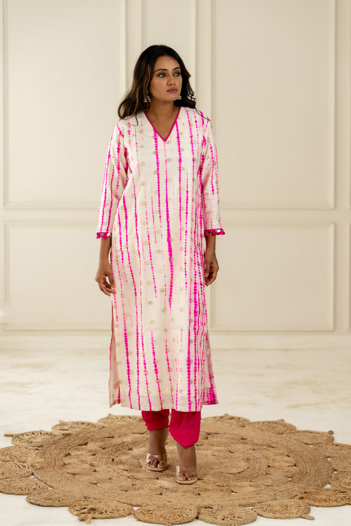 White & Pink Leheriya Kurta - Anjanase