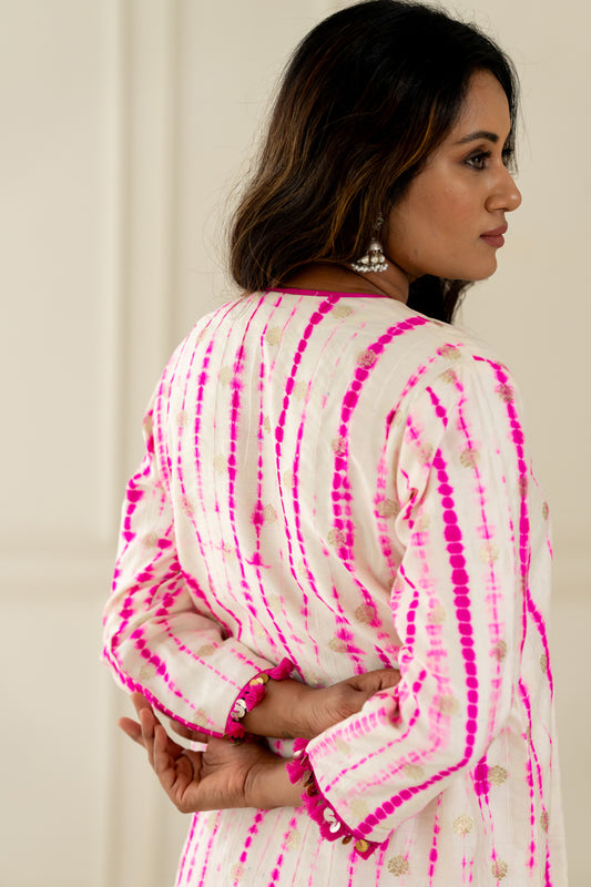 White & Pink Leheriya Kurta - Anjanase