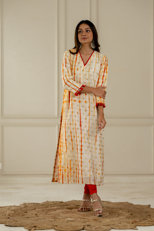 White & Orange Leheriya Kurta - Anjanase