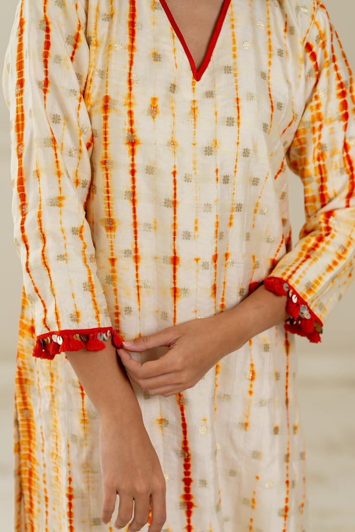 White & Orange Leheriya Kurta - Anjanase