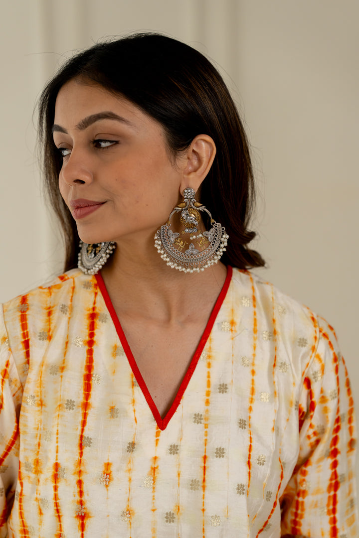 White & Orange Leheriya Kurta - Anjanase