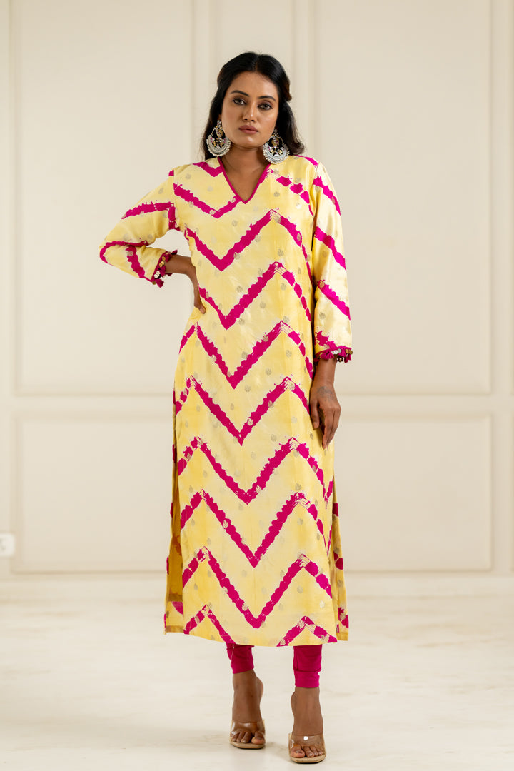 Yellow & Pink Leheriya Kurta - Anjanase