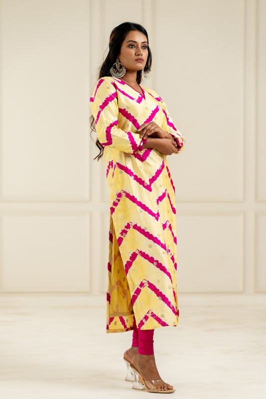Yellow & Pink Leheriya Kurta - Anjanase