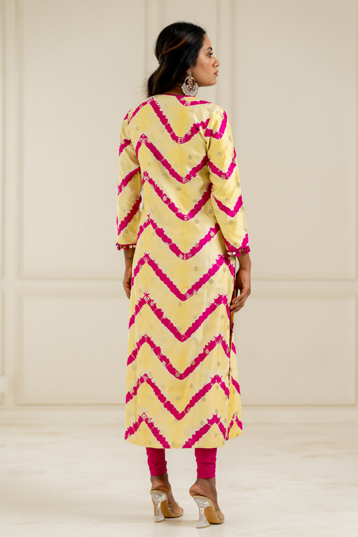 Yellow & Pink Leheriya Kurta - Anjanase