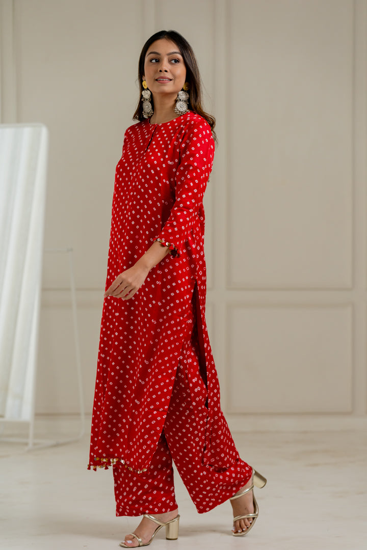Red Bandhani Coord Set - Anjanase