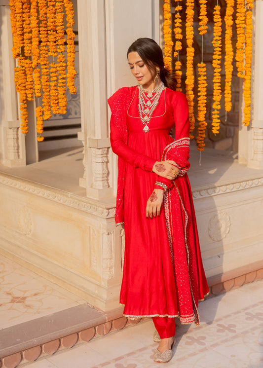 Red spun anarkali with heavy work dupatta