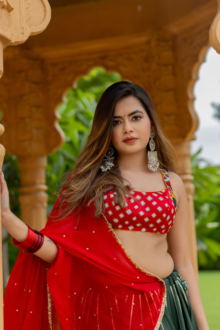 Bottle Green Leheriya Lehenga Set