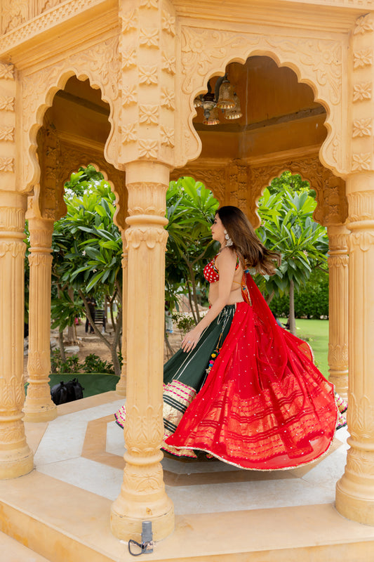 Bottle Green Leheriya Lehenga Set