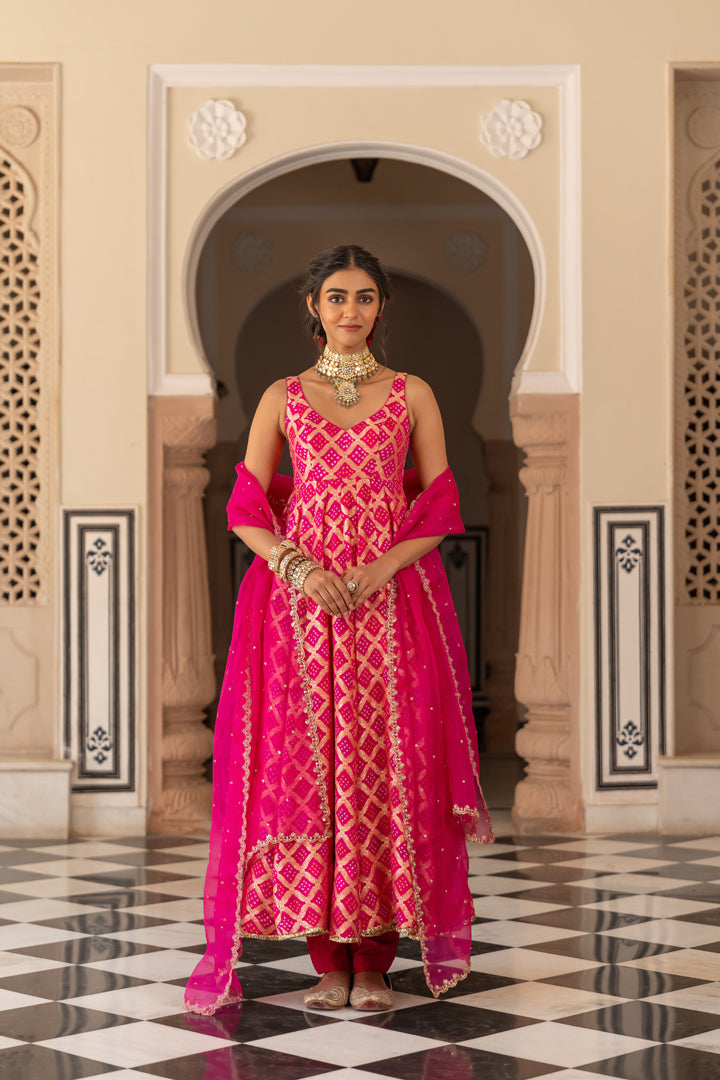 Pink Bandhani Anarkali Set