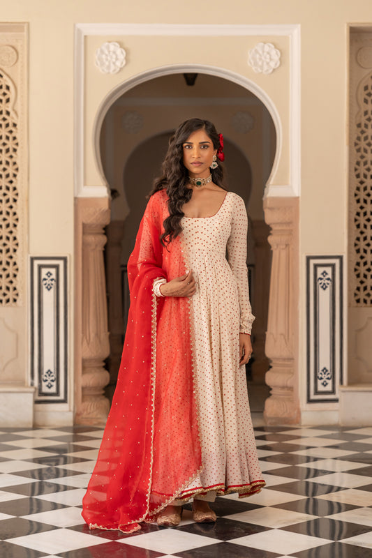 Ivory Bandhani Anarkali Set