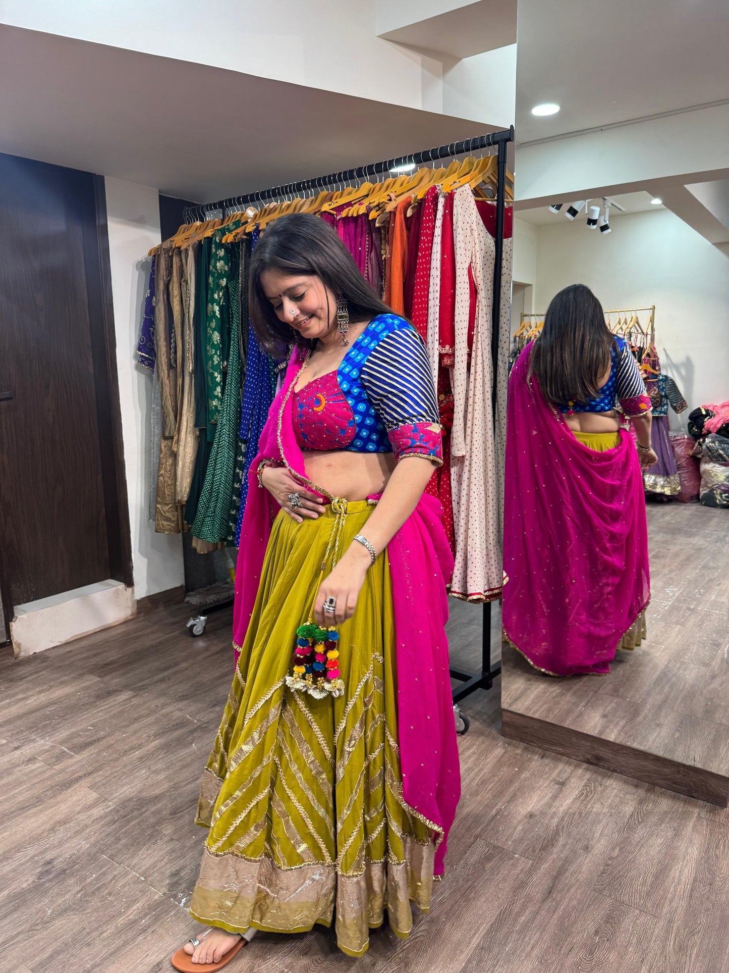 Mustard Green Cotton Lehenga Set