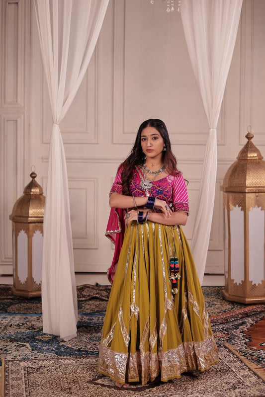 Mustard Green Cotton Lehenga Set
