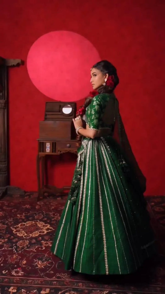 Green lehenga set with hand embroidery and banarasi blouse